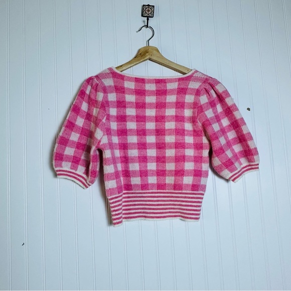 Vestique Brielle Plaid Puff Sleeve Sweater Pink Checkered Top Large Crop Fit - Picture 8 of 10